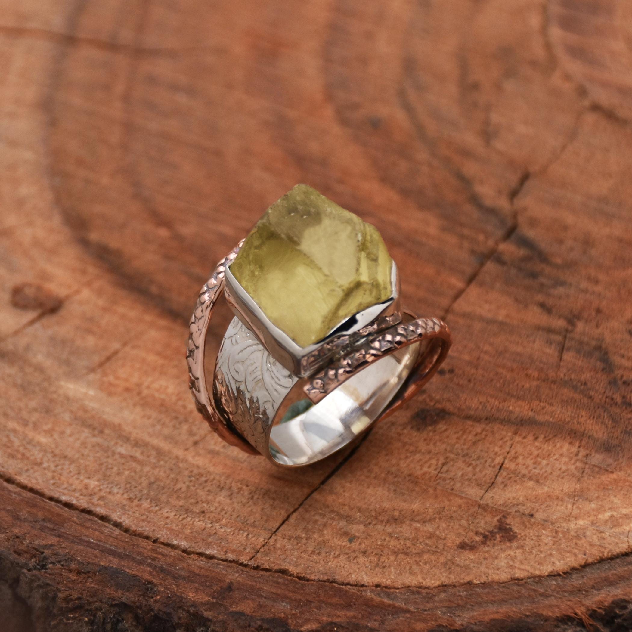 生レモンクォーツリング：ツートンスターリングシルバーワイドバンド