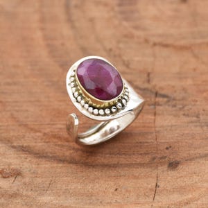 Faceted Ruby 925 Sterling Silver Ring - Adjustable Boho Statement Ring