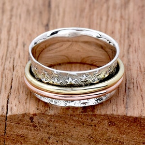 Star Engraved Spinner Ring, 925 Sterling Silver Ring, Two Tone Ring, Fidget Spinner Ring, Meditation Ring, Silver Worry Ring, Gift for Her