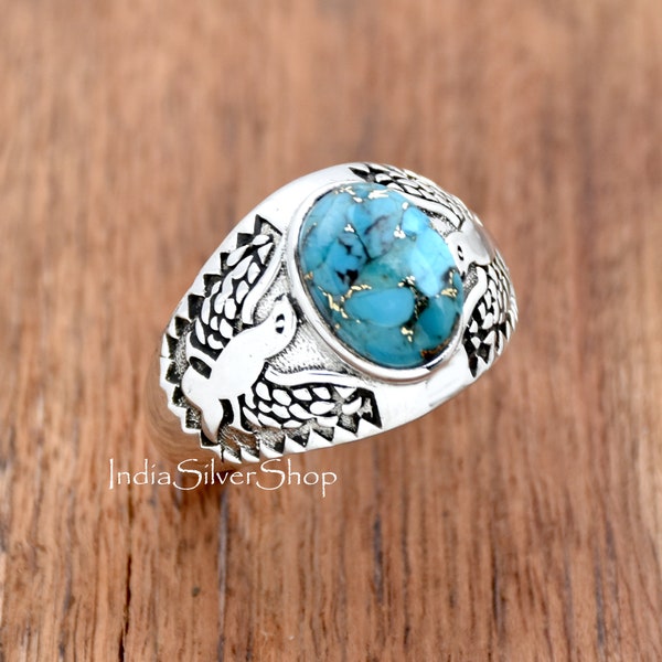 Blue Copper Turquoise Ring, Eagle Turquoise Ring for Men, Sterling Silver Mens Ring, Oval Stone Ring, Signet Ring, Designer Ring For him