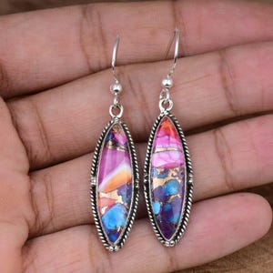 Pink Dahlia Turquoise Sterling Silver Earrings: Marquise Filigree Dangle
