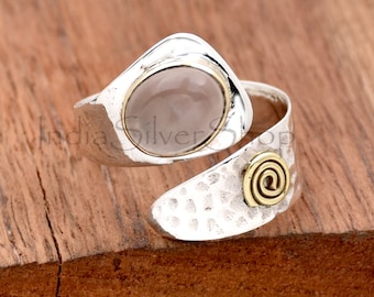 Anillo de diseñador de plata de ley 925 de cuarzo rosa rosa, anillo martillado, anillo de declaración, anillo boho, anillo ajustable regalo de anillo de aniversario para ella