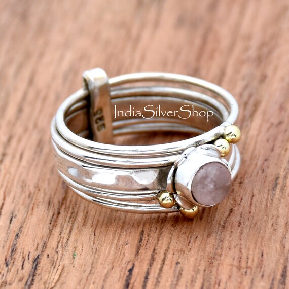 Pink Rose Quartz Wide Band Ring Hammered Sterling Silver, 9 Pink Rose Quartz Wide Band Ring Hammered Sterling Silver, 9