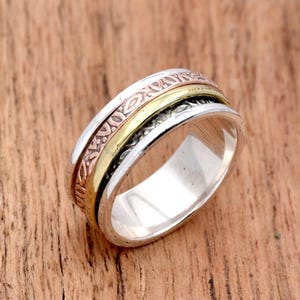 Narrow Band Spinner Ring, 925 Sterling Silver Ring Two Tone Ring Fidget Ring, Textured Band Spinning Ring, Meditation Ring, Gift for Her