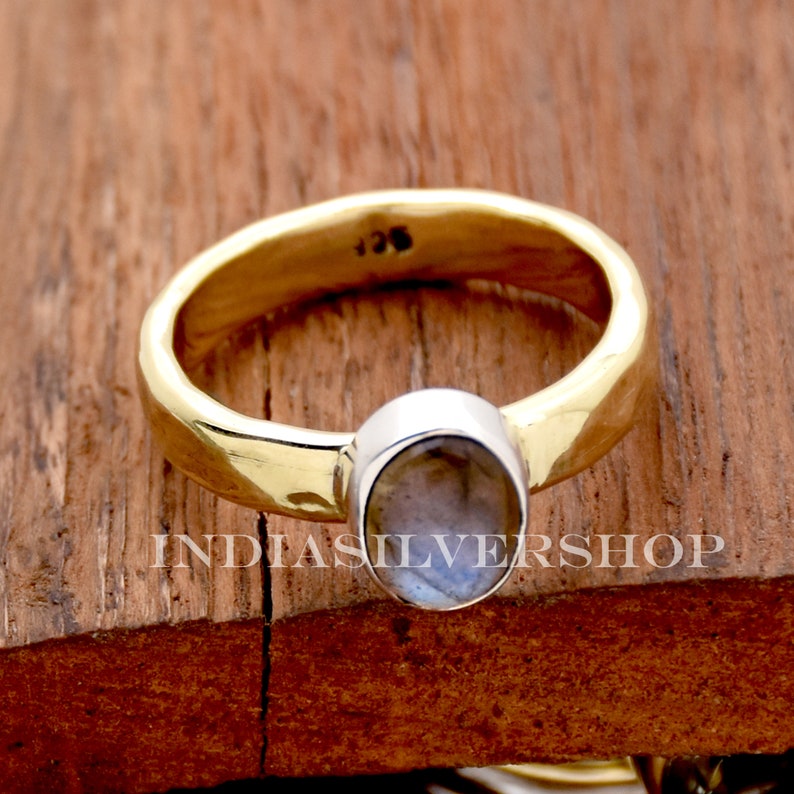 Natural Labradorite Ring Handmade Ring 925 Sterling Silver ring Round Gemstone Ring Golden Band Ring 18K Gold Vermeil ring Ring Gift For Her image 2
