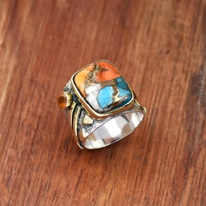 Oyster Copper Turquoise Ring: Two-Tone 925 Sterling Silver Band