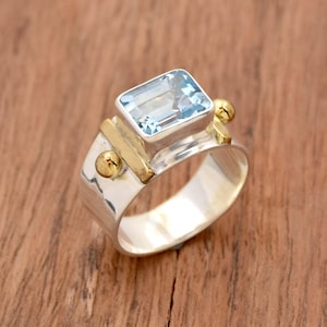 Natural Blue Topaz Ring, 925 Sterling Silver ring, Baguette Ring, Anniversary Ring Two Tone Ring Wide Band Ring Light Blue Topaz Ring