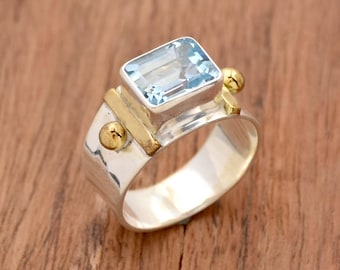 Natural Blue Topaz Ring, 925 Sterling Silver ring, Baguette Ring, Anniversary Ring Two Tone Ring Wide Band Ring Light Blue Topaz Ring