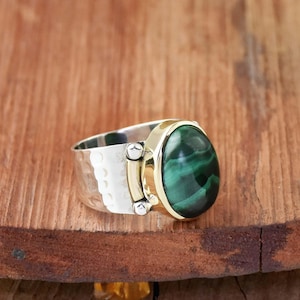 Handmade Malachite Ring: Hammered Sterling Silver Wide Band