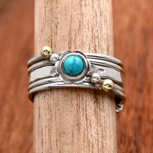 Blue Turquoise Ring, 925 Sterling Silver Ring, Handmade Ring, Multi Band Ring, Skinny Hammer Ring Interlocked Ring Beaded Ring Gift For Her