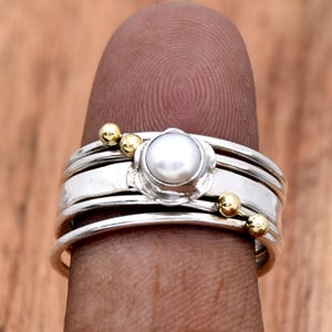 Fresh Water Pearl Ring, 925 Silver Ring, Interlocked Ring, Designer band ring, Round Gemstone Ring, Two Tone Ring, Anniversary Gift for her
