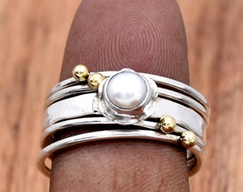 Freshwater Pearl Interlocked Ring: 925 Sterling Silver multi Band, ring, gift for her
