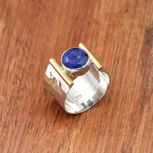 Hammered Sterling Silver Blue Sapphire Ring - Two Tone Statement Ring
