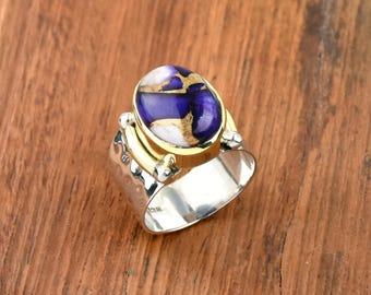 パープルターコイズスターリングシルバーリング、ボヘミアンハンマー