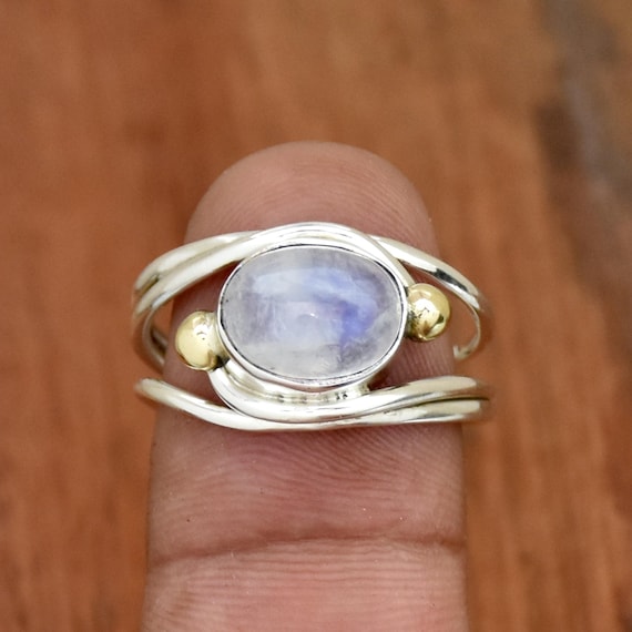 天然ムーンストーン925スターリングシルバーリング：ハンドメイド