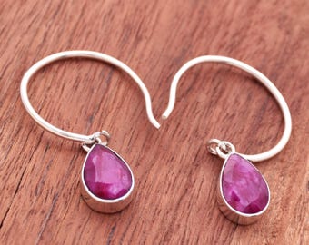Handmade Teardrop Ruby Earrings: 925 Sterling Silver Dangle