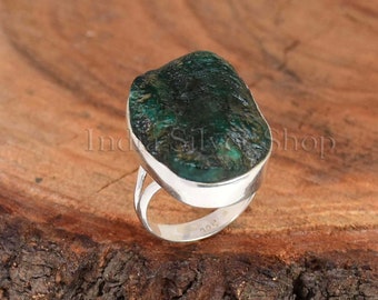 Raw Emerald Ring, 925 Sterling silver, Handmade Ring, Boho Statement Ring Rough Gemstone Ring Split Band Ring Uncut Stone Ring Gift For Her