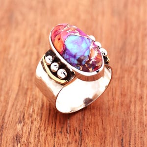 Pink Oyster Turquoise Ring, 925 sterling Silver Ring, Pink Dhalia Oyster Ring, Turquoise Silver Ring, Silver Hammered Ring, Turquoise Ring