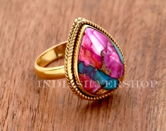 Kingman Pink Dahlia Turquoise Ring Kingman Oyster Turquoise Ring Pink Spiny Oyster Sterling Silver Ring Gold Vermeil Ring Handmade Ring