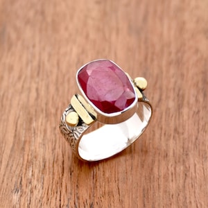 Indian Ruby Ring 925 Sterling Silver Ring Handmade Ring Faceted Ruby Ring, Two Tone Ring, Statement Ring, Textured Band Ring, Gift for Her