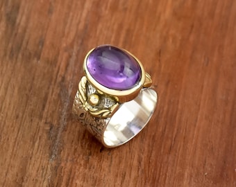 Natural Amethyst Ring: 925 Sterling Silver Flower Band, Boho Statement Jewelry