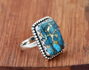 ブルーカッパーターコイズリング：手作りの925スターリングシルバー製 