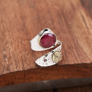 Indian Ruby Ring, 925 Sterling Silver Ring Hammered Ring Adjustable Ring July Birthstone Ring Anniversary Ring Ruby Silver Ring Gift for Her