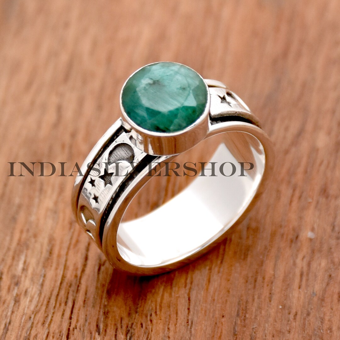 Indian Emerald Ring, Faceted Round Gemstone Ring, Crescent Moon Wedding ...