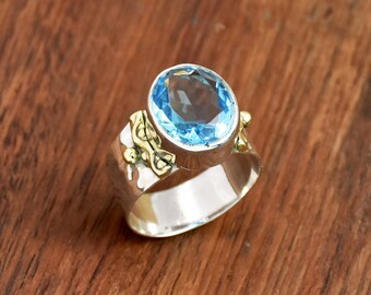 Blue Topaz Ring: 925 Sterling Silver- Wide Hammered Band- Statement Jewelry