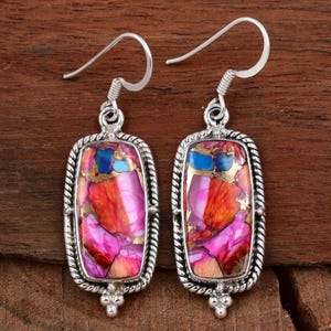 Handmade Pink Oyster Turquoise Earrings: Filigree 925 Sterling Silver