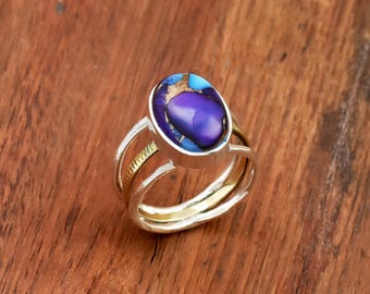 Purple Dahlia Turquoise Ring: 925 Sterling Silver Triple Band Ring Statement Gift for her