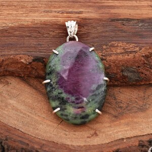 Oval Ruby Zoisite Pendant: 925 Sterling Silver, 6-Prong Setting