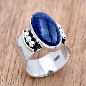 Natural Sodalite Ring, Handmade Ring, Anniversary Ring, 925 Sterling Silver Ring, Statement Ring, Hammered Ring, Two Tone Ring, Gift for Her