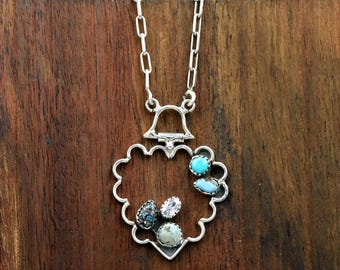 Mixed Turquoise Scalloped Pendant Necklace: Handmade Silver Open Frame Pendant, Southwestern Jewelry