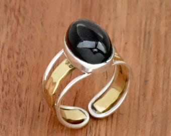 Anillo de plata de ley con ónix negro: anillo ajustable con piedras preciosas martilladas