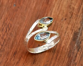 Gehämmerter Blautopas Ring: Verstellbares Band aus Sterling Silber. Marquise Statement