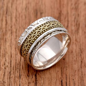 925 Sterling Silver Spinner Ring Meditation Ring Spinner Ring for Women, Textured Spinner Ring, Two Tone Ring, Meditation Ring, Gift for Her