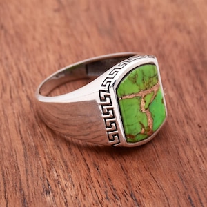 Groene koperen turkooisring, 925 sterlingzilveren ring, turkoois herenring, statementring, platte stenen ring, designer getextureerde bandring