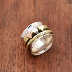 Spinner Ring For Girls, Fidget Ring, Sterling Silver Ring for Women, Triple Heart Ring, Two Tone Meditation Spinning Wide Band, Anxiety Ring