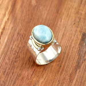 Natural Blue Larimar Ring, 925 Sterling Silver Ring, Statement Ring, Birthstone Ring, Hammered Ring, Wedding Ring, Beads Ring, Gift for Her