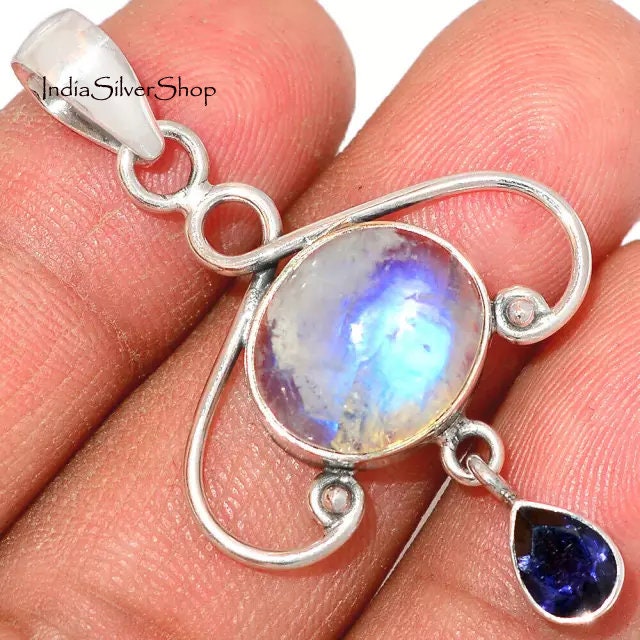 Amethyst & Grey Moonstone Silver pendant with Labradorite Beads Choker with 925 Silver Findings 14 