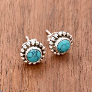 Blue Turquoise Sterling Silver Stud Earrings: 8x8mm Gemstone