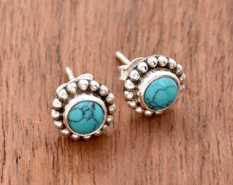 Pendientes De Plata 925 Con Turquesa De Cobre Verde - Piedra Natural Rectangular, Artesanales, Perfectos Para Regalar