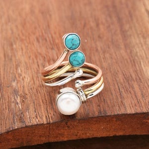 Blue Turquoise & Pearl Ring: Sterling Silver Multi Band Boho Ring