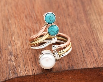 Blue Turquoise & Pearl Ring: Sterling Silver Multi Band Boho Ring