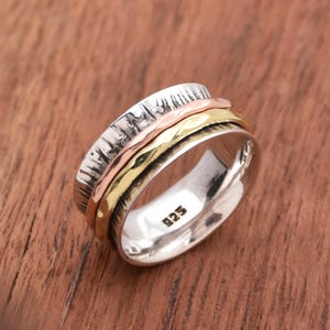 Spinner Ring, 925 Sterling Silver Ring, Fidget Ring, Textured Band Ring, Meditation Ring, Two Band Spinning Ring, Oxidized Ring Gift for Her