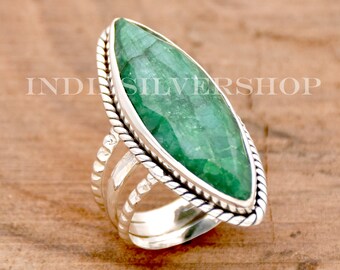 Indian Emerald Ring, 925 Sterling silver Ring, Handmade Ring, Large Emerald Ring, Bohemian Ring, Textured Triple Band Ring, Gift For Her