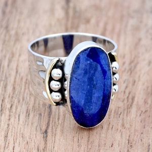 Indian Sapphire Ring 925 Sterling Silver Ring, Blue Sapphire Ring, Huge Ring, Hammered Ring, Two Tone Ring, Bohemian Ring, Gift For Her