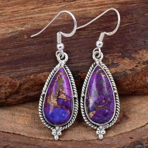 Purple Copper Turquoise Earrings 925 Sterling Silver, Teardrop Earrings Statement Earrings Designer Filigree Earrings Birthday Gift Earrings