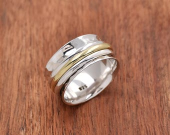 Anello Fidget Spinner in argento sterling: anello a fascia larga per meditazione e sollievo dall'ansia